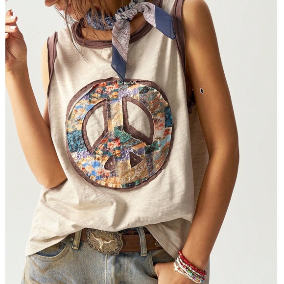 Boho Color block Floral print Peace Patchwork Tank Top